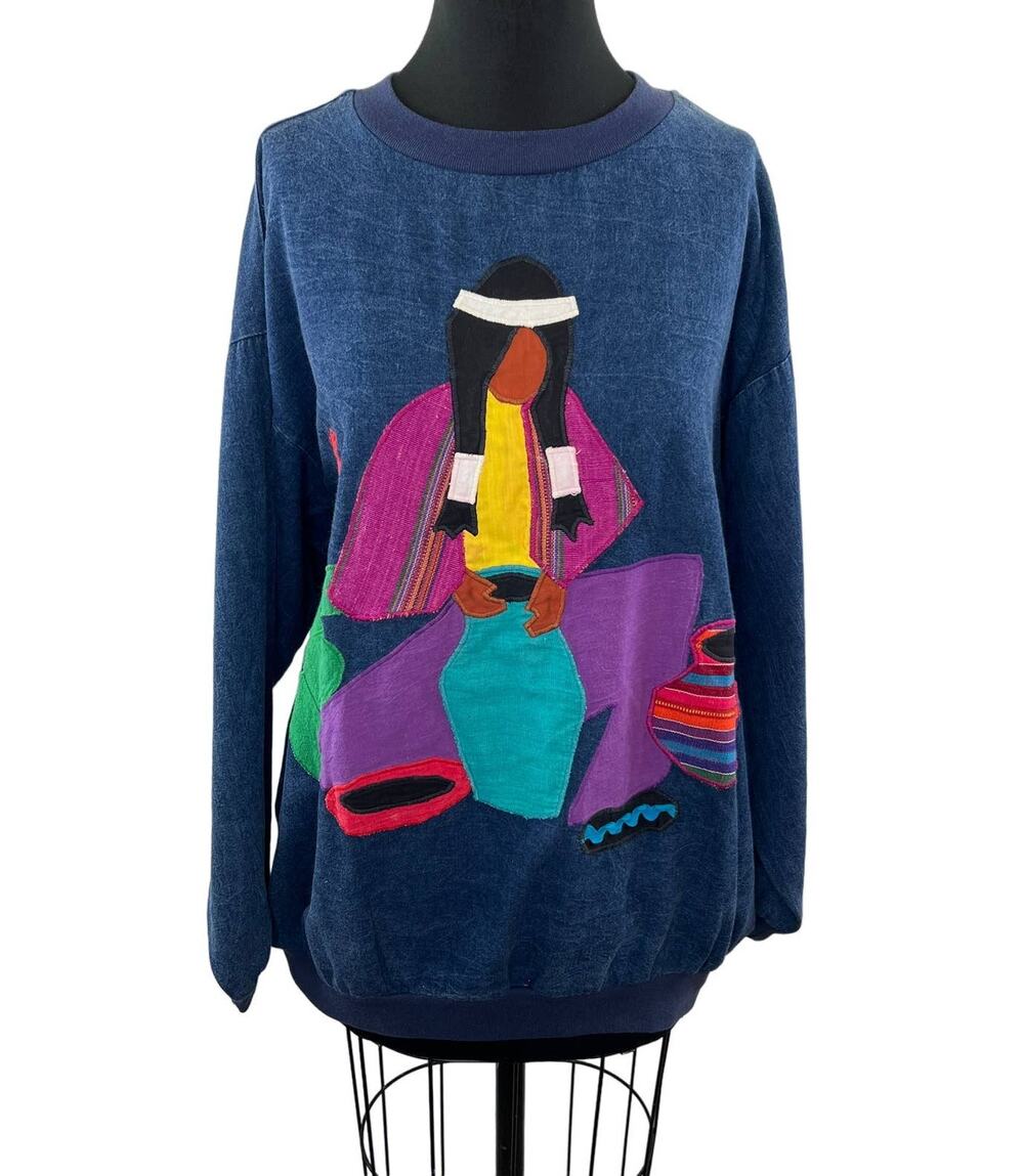 Unique Alfredo's Wife Native American Embroidered Applique Blue Crew Pullover XL
